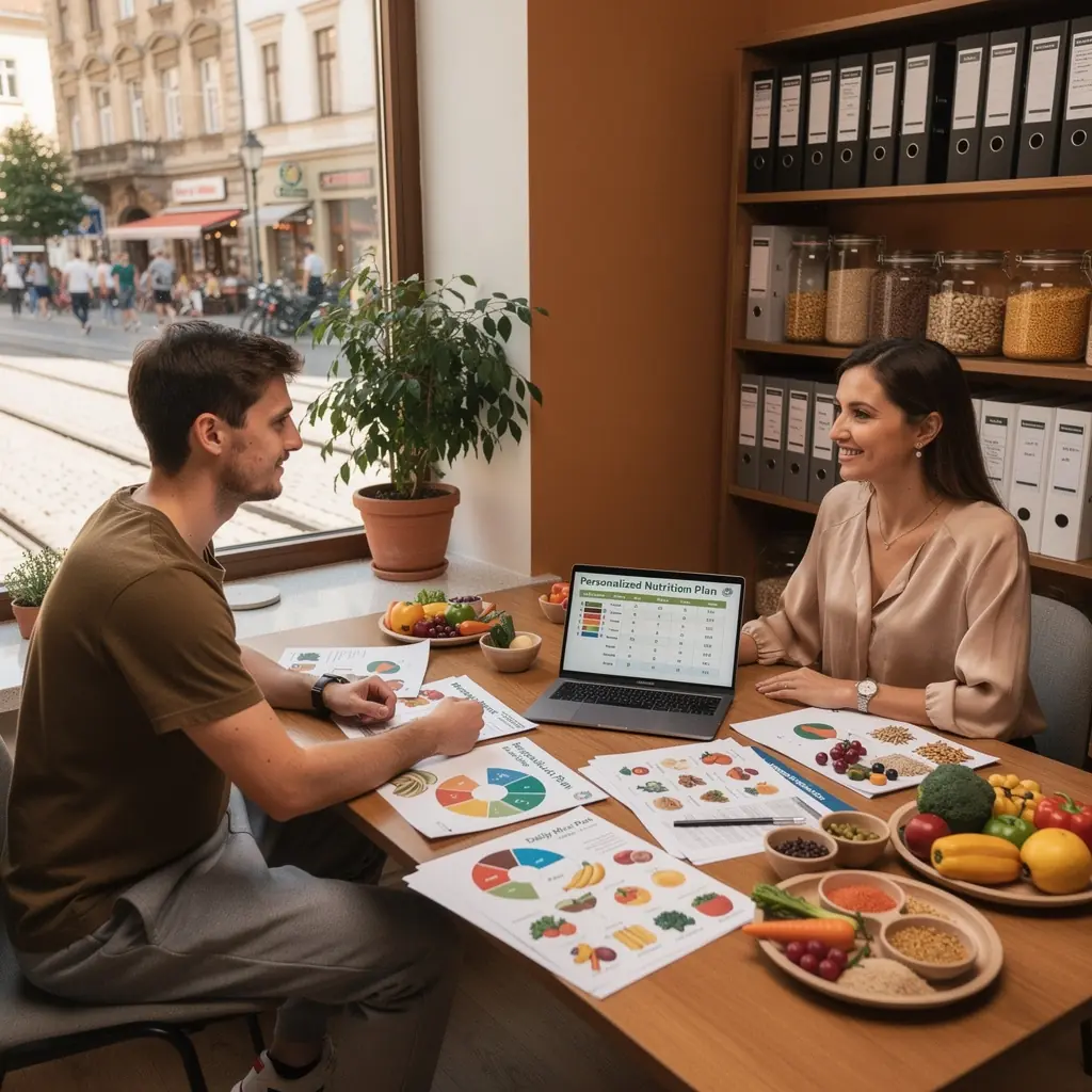 Egy edző wellness coaching során, segítve a klienst a céljaik elérésében.